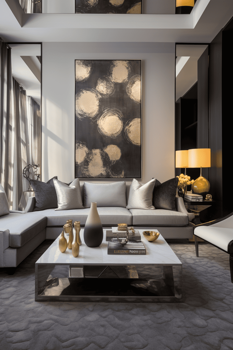 a hyperrealistic, uber-chic, contemporary gray living room with a focus on high-glam metallic wall decor