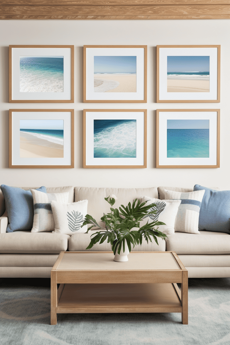 a photorealistic living room with a warm and inviting atmosphere. Hang squared frames above the sofa to create a heartwarming wall of ocean