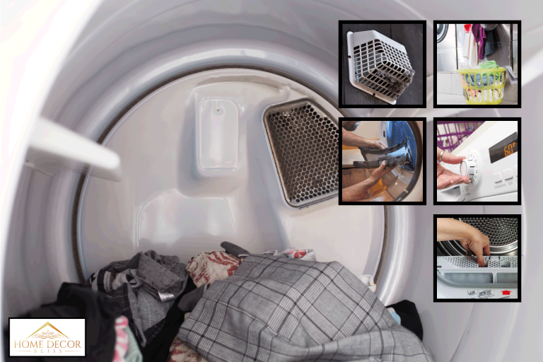 clothes inside dryer. overloaded dryer and basket. hand turning knob of clothes dryer. external dryer vent with dust. Amana Dryer Not Drying What To Do