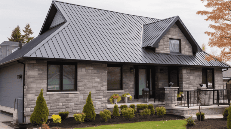Gray black colored metal roofing of a long two-storey mansion, 10 Best Colors For Metal Roofing - 1600x900