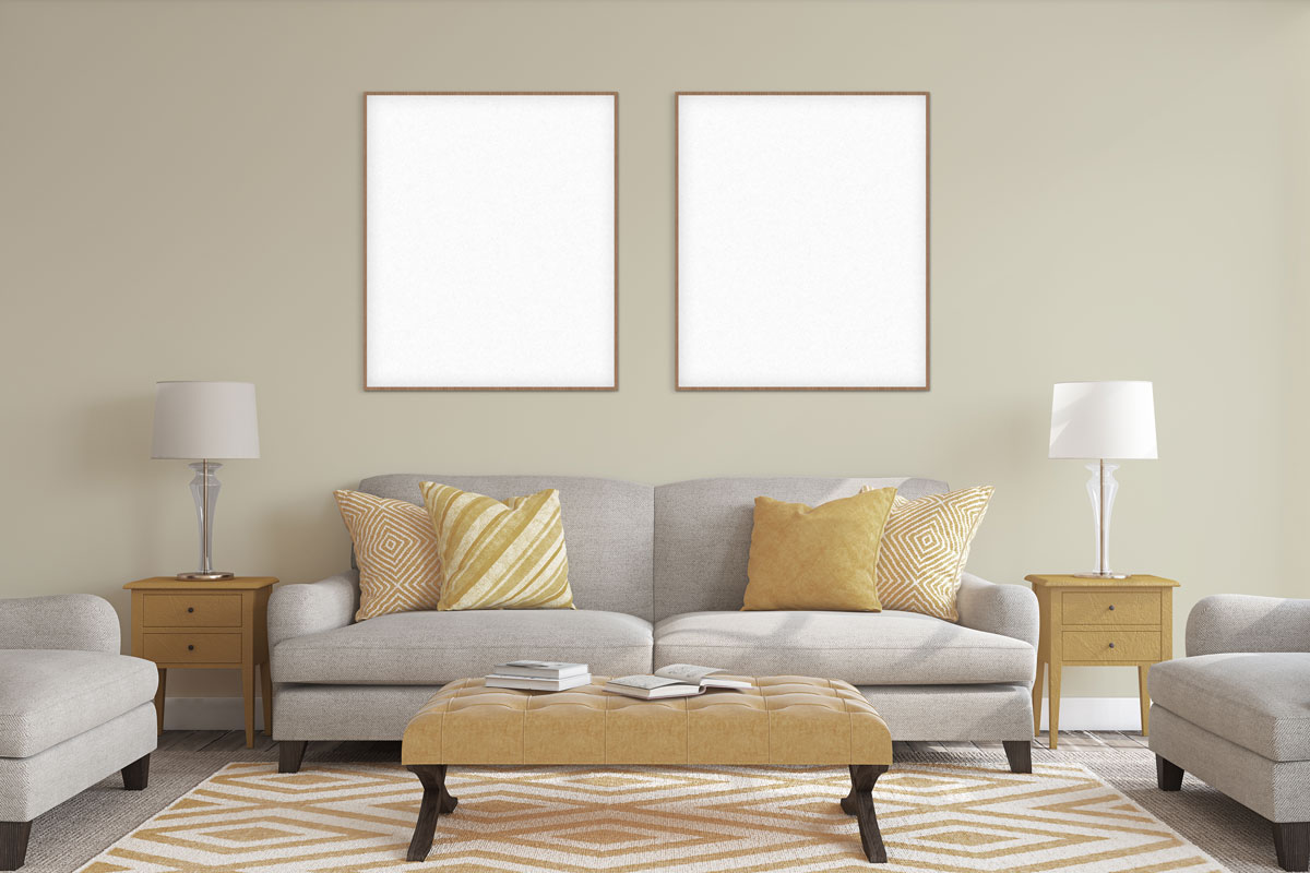 posters with black frame mockup with light grey sofa
