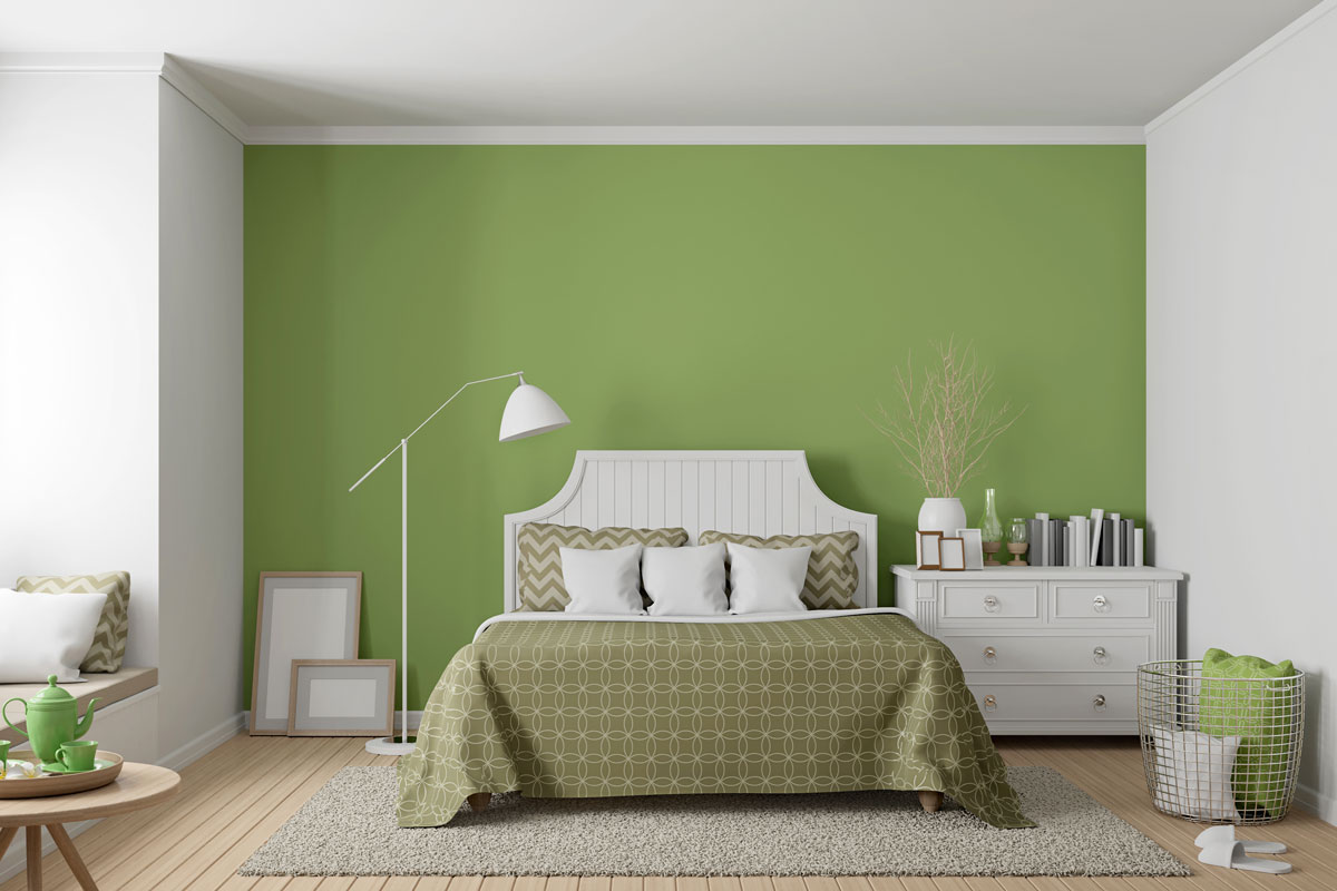 wood floor Decorate wall with green paint and white furniture on a modern vintage bedroom