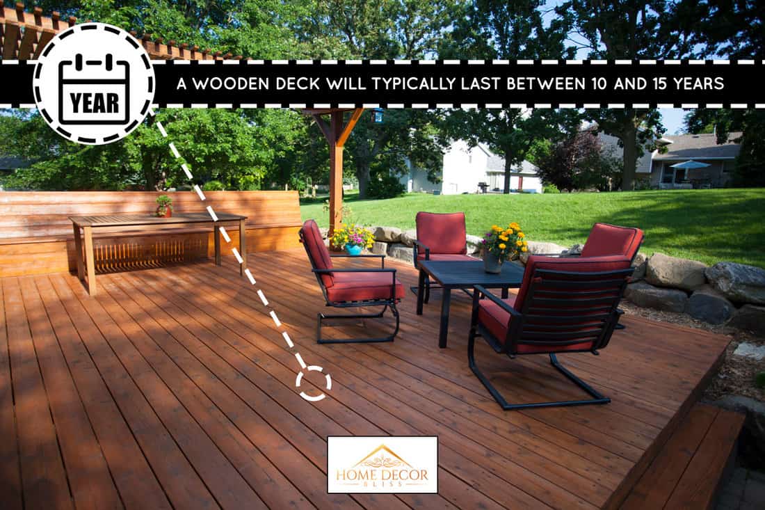 Backyard deck and pergola landscaping., How Long Does A Wooden Deck Last?