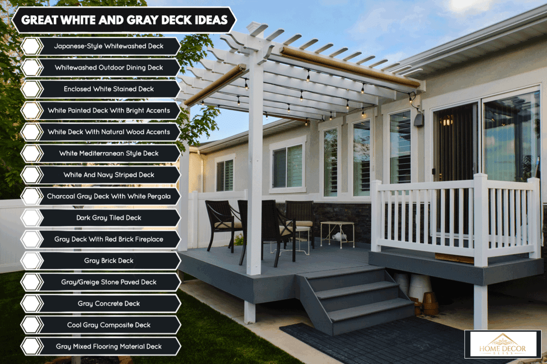 Backyard of a suburban home with a deck and pergola, 15 Great White And Gray Deck Ideas
