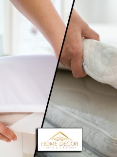 A collage of Women's hands are pulling a waterproof mattress topper with an elastic band on the mattress, 3 Inch Vs 4 Inch Mattress Toppers: Which To Choose?