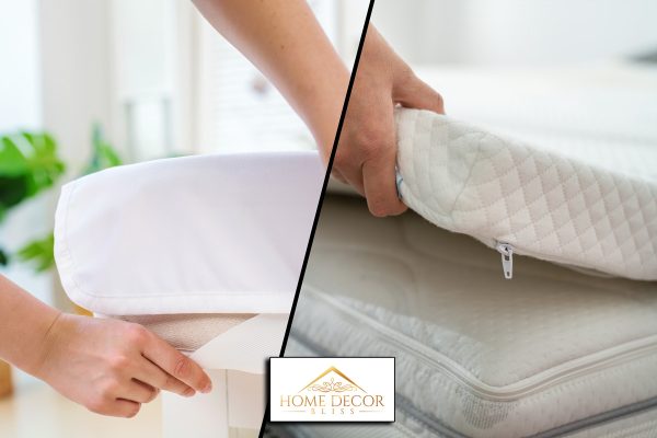 A collage of Women's hands are pulling a waterproof mattress topper with an elastic band on the mattress, 3 Inch Vs 4 Inch Mattress Toppers: Which To Choose?