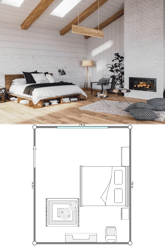 Interior of a Scandinavian style attic bedroom with fireplace in a cottage house