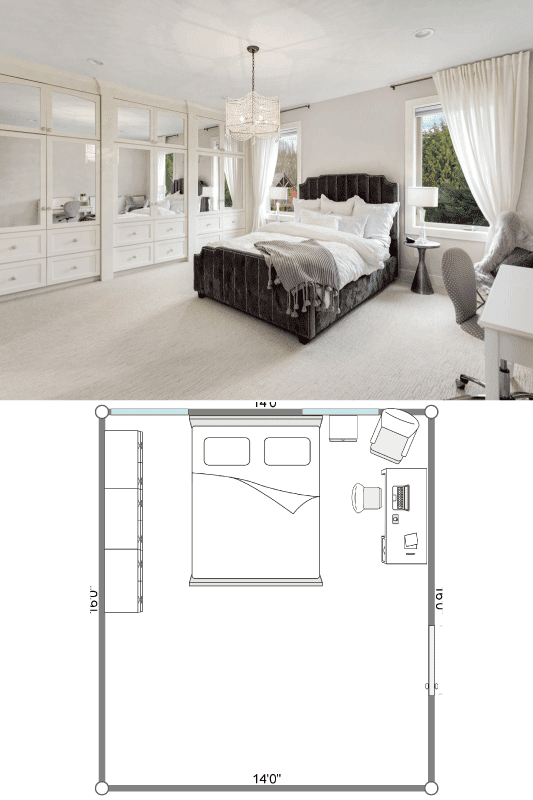 Master bedroom in new luxury home with large windows, chandelier, carpet, and elegant decor