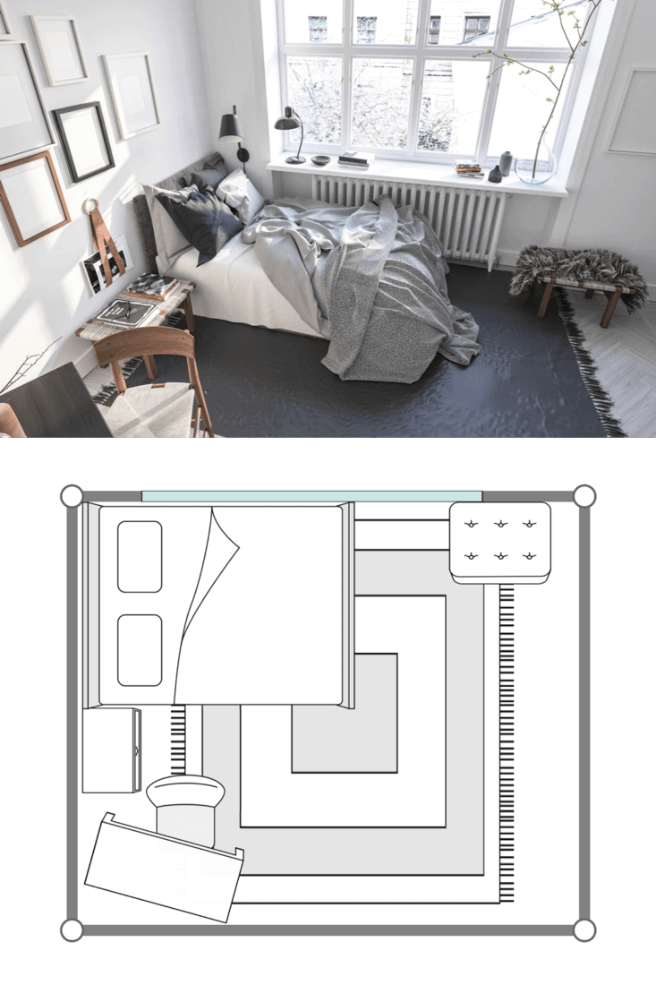 A small apartment bedroom painted in white matched with gray bedding and furnitures