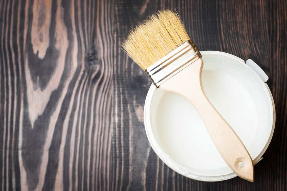 Bank paints and brush on a wooden