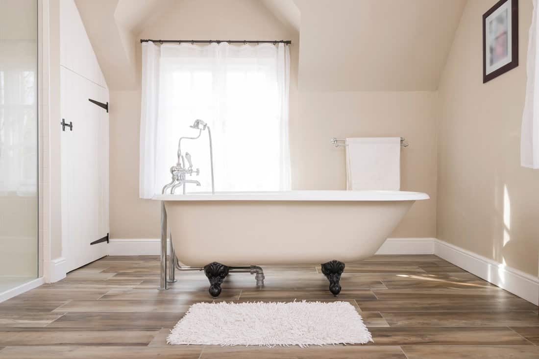 Bathroom interior, luxury modern bathroom design with roll top bathtub and a window in the background