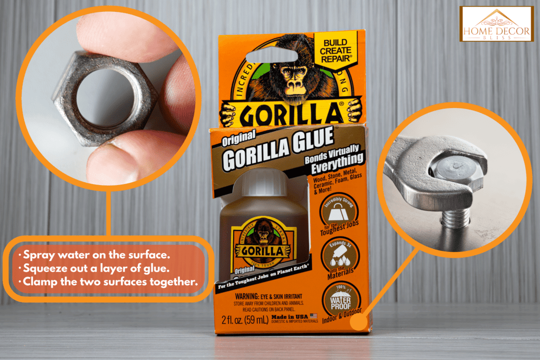 up close photo of a gorilla glue with box including good packaging, grey background pictorial, Can You Use Gorilla Glue On Metal? [And How]