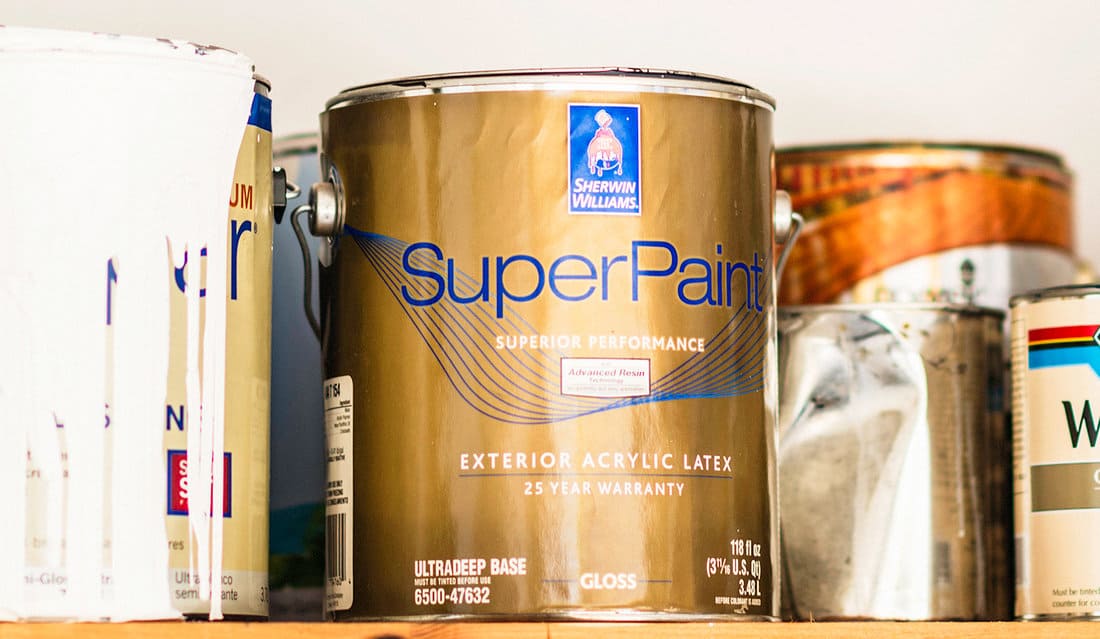 Cans of indoor house paint by Sherwin Williams