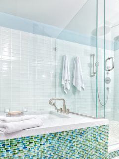 Contemporary home bathroom with shower stall and tub, What Colors Go With Blue Bathroom Tile?