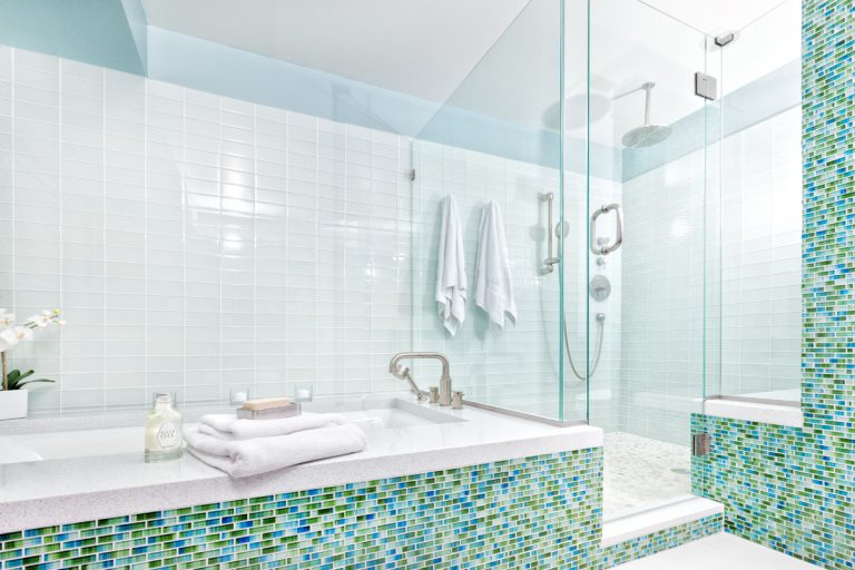 Contemporary home bathroom with shower stall and tub, What Colors Go With Blue Bathroom Tile?