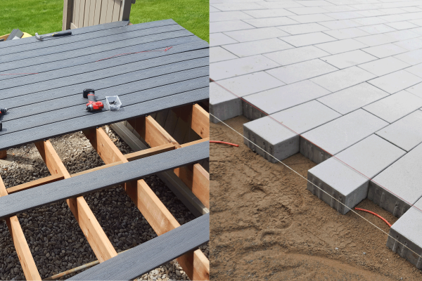 A collaged image of a wooden deck and concrete patio pavement, Decking Vs Pavers: Which To Choose?