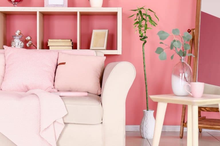 Elegant living room interior with trendy grey sofa with pastel pink pillow and burgundy blanket, wooden coffee tables next to it. - 11 Colors That Go With Blush Pink For Your Home Décor