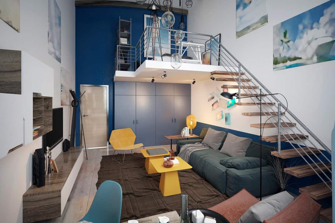 Gorgeous bright apartment designed in blue, yellow and white colors and matched with modern designed furnitures