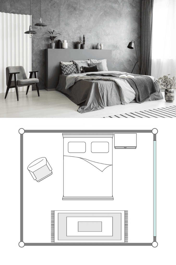 Gray inspired bedroom with gray beddings, gray dangling lamps and a huge gray headboard