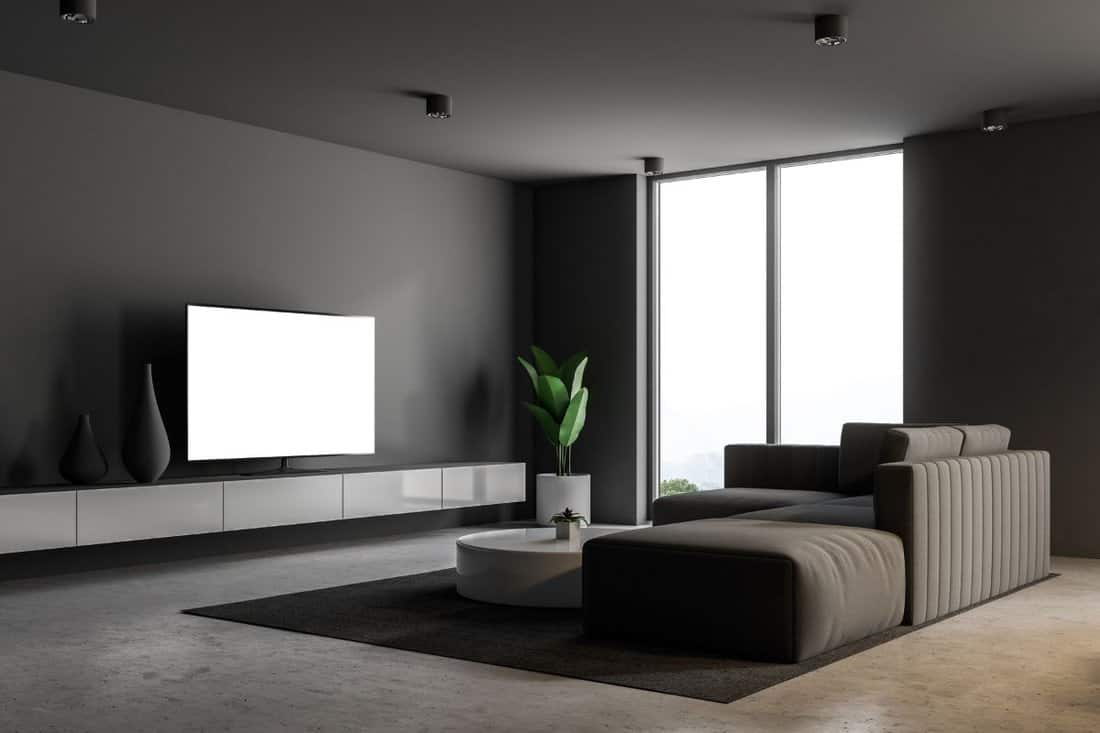 Gray modern living room interior with loft windows, a concrete floor, a gray sofa with a round coffee table and a TV set. 3d rendering mock up — Photo