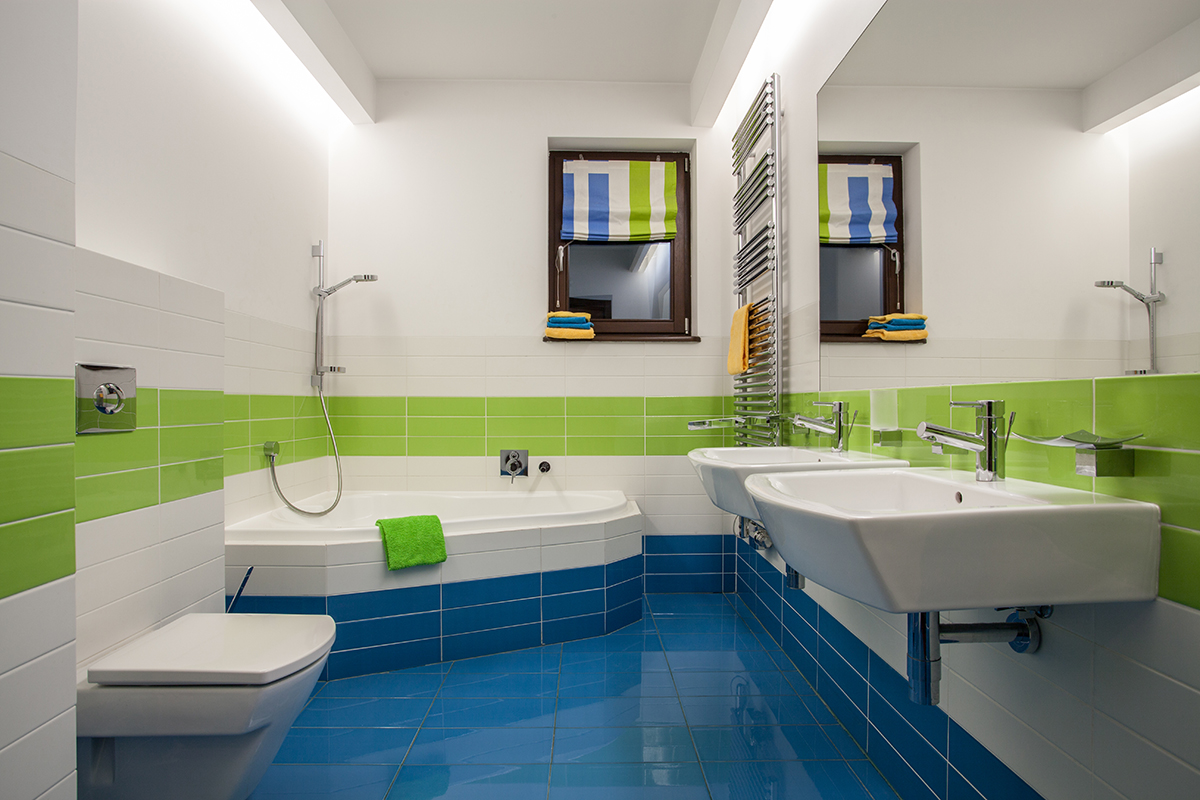 Green, blue and white colors in bathroom