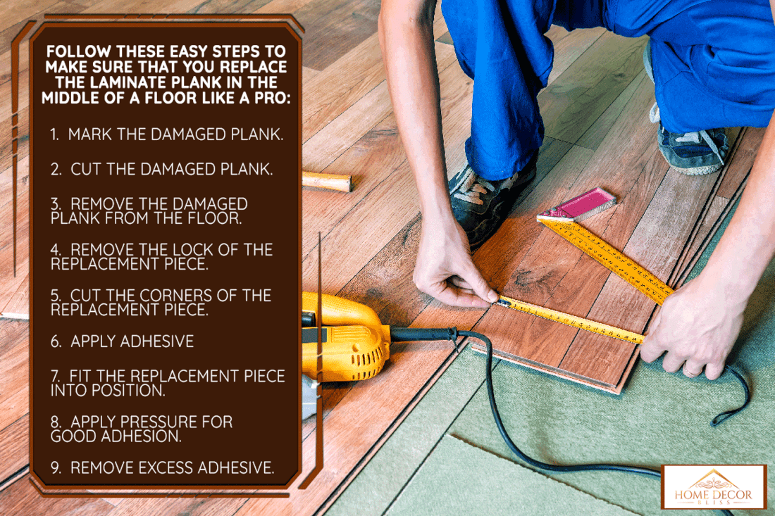 Master carpenter measures the laminate plank, How To Replace Laminate Plank In The Middle Of The Floor