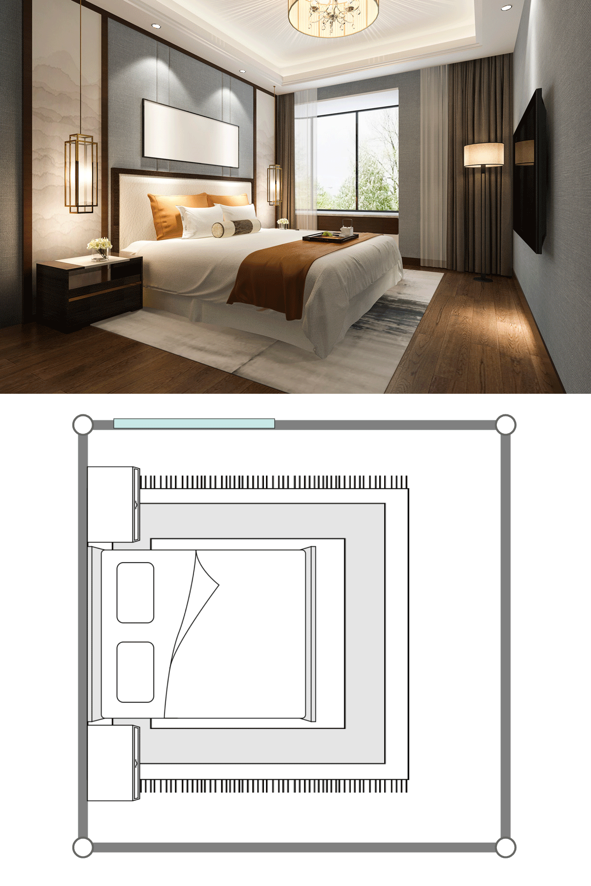 Interior of a luxurious modern bedroom with white beddings and orange beddings and dangling lamps