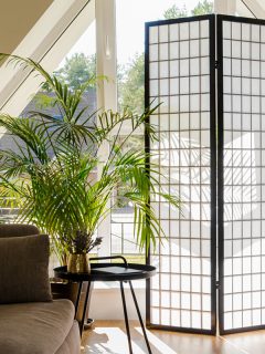 A living room with wood and paper divider screen blocking sun from window, 11 Accordion Door Alternatives