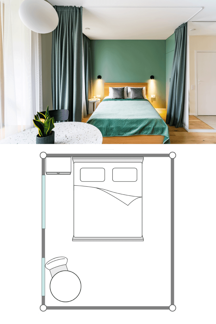 Narrow bedroom painted in a green tone matched with green curtains