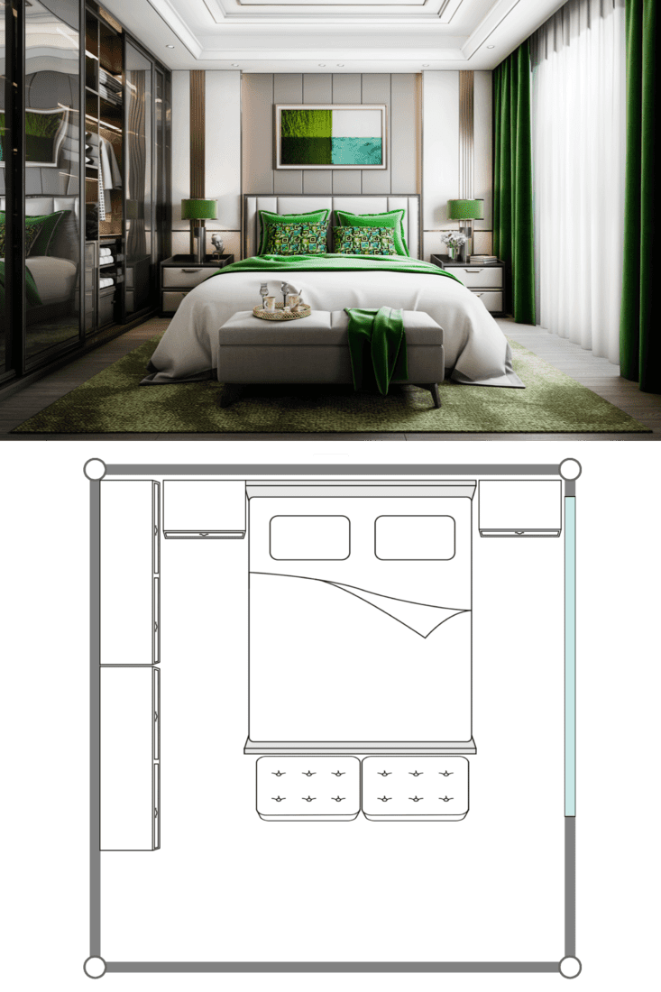 Ornamental jade modern themed bedroom with a tray ceiling and sliding mirror closet