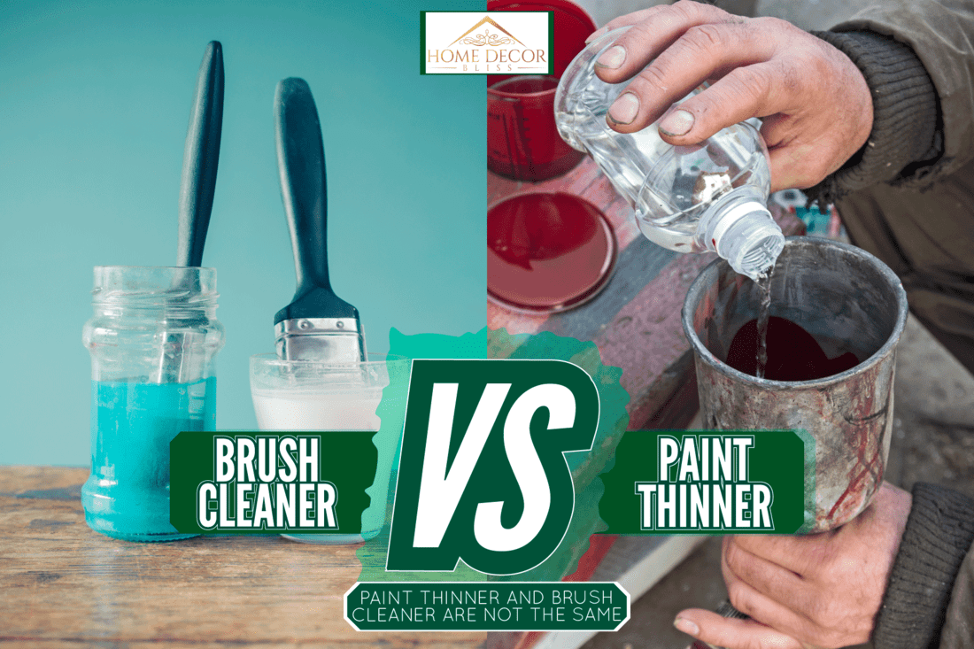 A collaged photo of a paint thinner and brush cleaner, Paint Thinner Vs Brush Cleaner: Are They The Same?