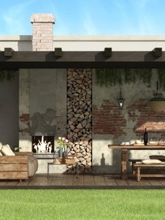 Rustic pergola in a garden with dining table, barbecue and sofa outdoor, 21 Great Outdoor Wall Decoration Ideas