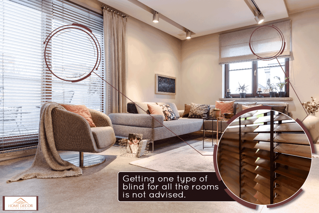 A spacious grey apartment with window blinds, Should All Blinds In A House Match?