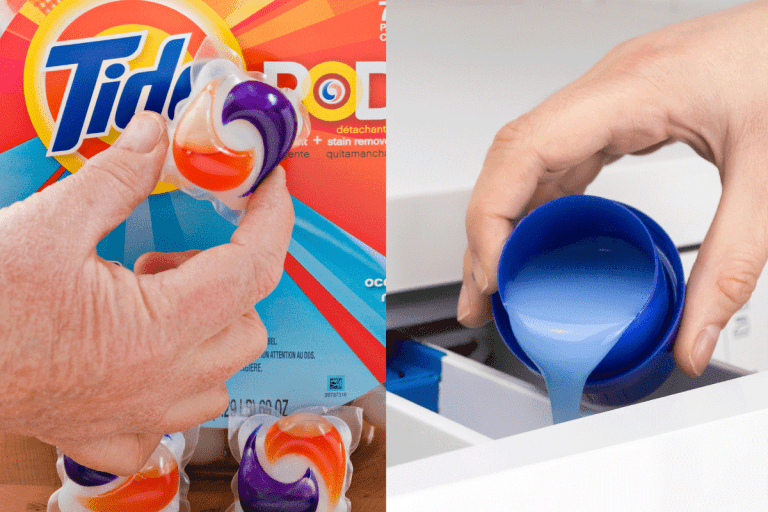 Tide pods holding by an eldery woman and a woman filling up the container with liquid detergent, Tide PODS Vs Liquid: Which To Choose?