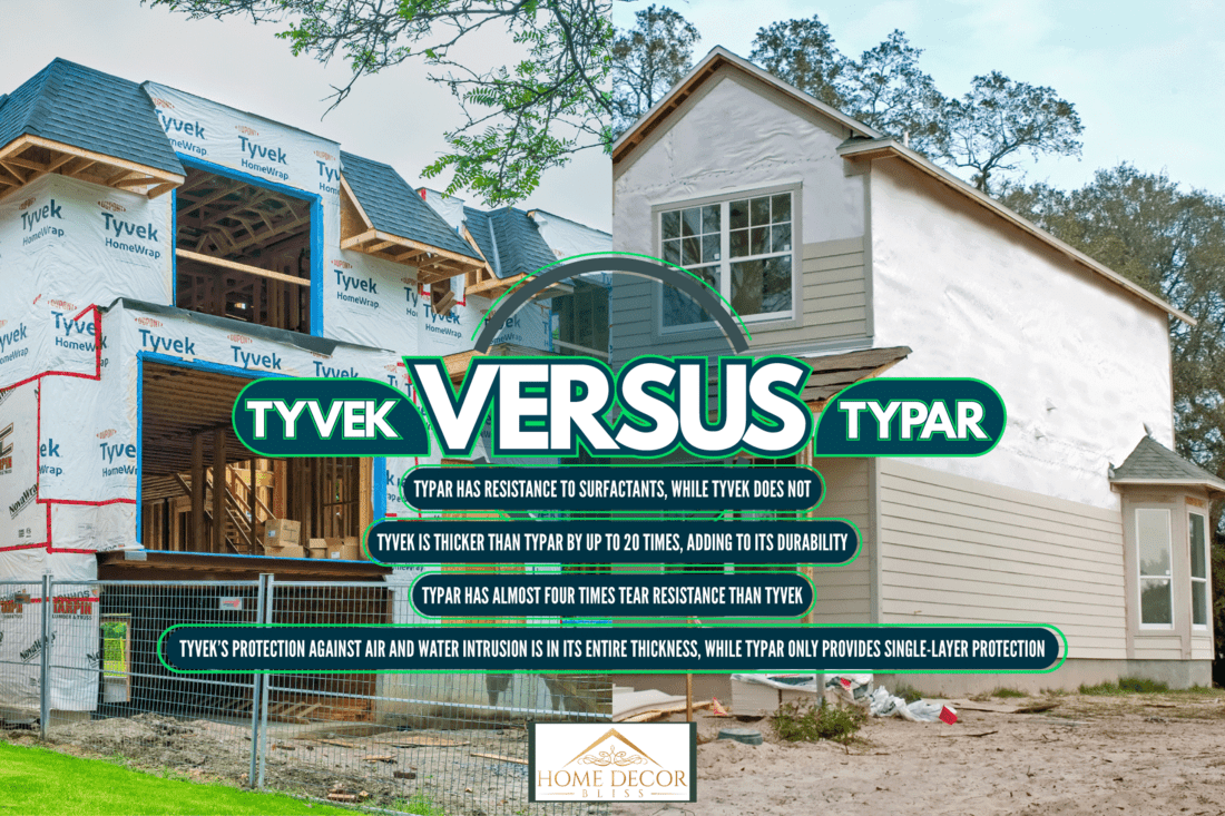 A collaged photo of two houses with wrapping, Typar Vs Tyvek Which House Wrap Is Best?