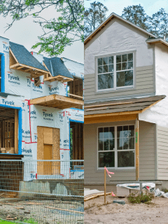 A collaged photo of two houses with wrapping, Typar Vs Tyvek Which House Wrap Is Best?