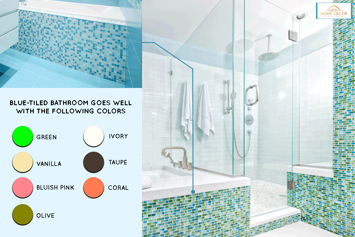 A contemporary home bathroom with shower stall and tub, What Colors Go With Blue Bathroom Tile?