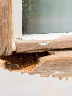 Window frame in need of replacement, with rotting wood and peeling paint - How To Fill Exterior Rotted Wood