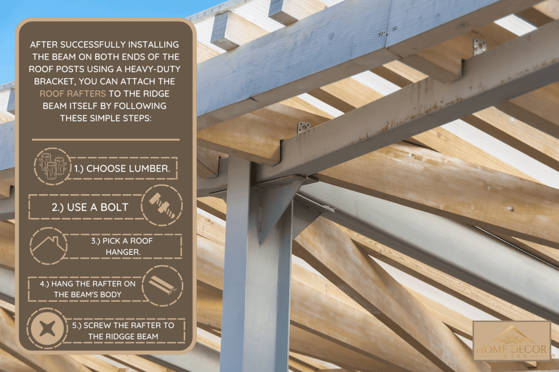 a metal rack with traces of rust supports the roof with wooden beams - How To Attach Rafters To Ridge Beam
