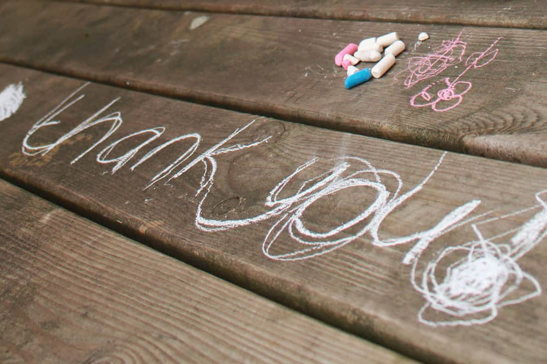 children drawings on the wood deck outside the living room, chalk drawings, thank you word