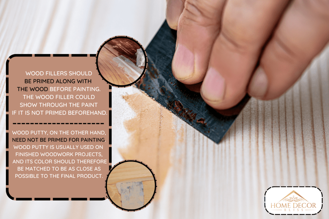 close up of filler or filling paste and a scraper on a wooden board - Should You Prime Wood Filler or Wood Putty Before Painting