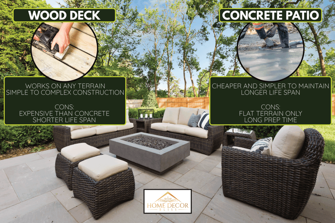 comparison photo between concrete patio and wood deck with text. Wood Deck Vs. Concrete Patio Pros and Cons