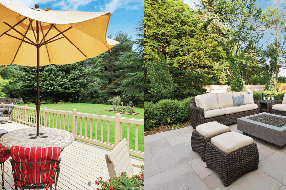 concrete patio with chairs and sofa, wooden deck with umbrella and chairs. Wood Deck Vs. Concrete Patio Pros and Cons