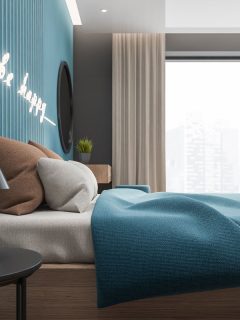 photo of a teal wall of the bed room, teal bed sheet, nice curtain, brown pillow, round bed side table, What Curtains Go With Teal Walls?