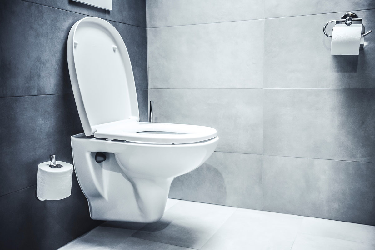 white toilet bowl, dark grey wall, light grey wall, tissue rolls, white floor tiles