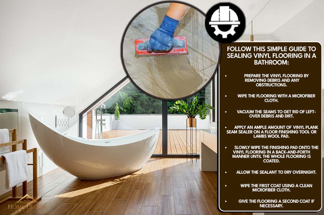 How To Seal Vinyl Flooring In A Bathroom [Tiles And Planks], Elegant attic bathroom with stylish bathtub, wooden floor and balcony door