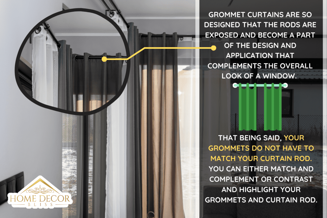 A modern and simple living room in the house with large terrace windows with curtains and a gray sofa. - Should Grommets Match Curtain Rod?