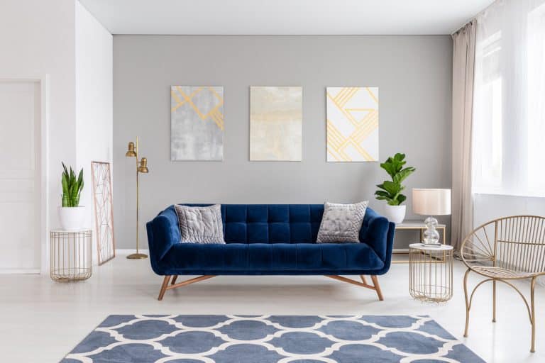 An elegant navy blue sofa in the middle of a bright living room interior with gold metal side tables and three paintings on a gray wall - 11 Best Colors That Go With Agreeable Gray For Your Home Decorating