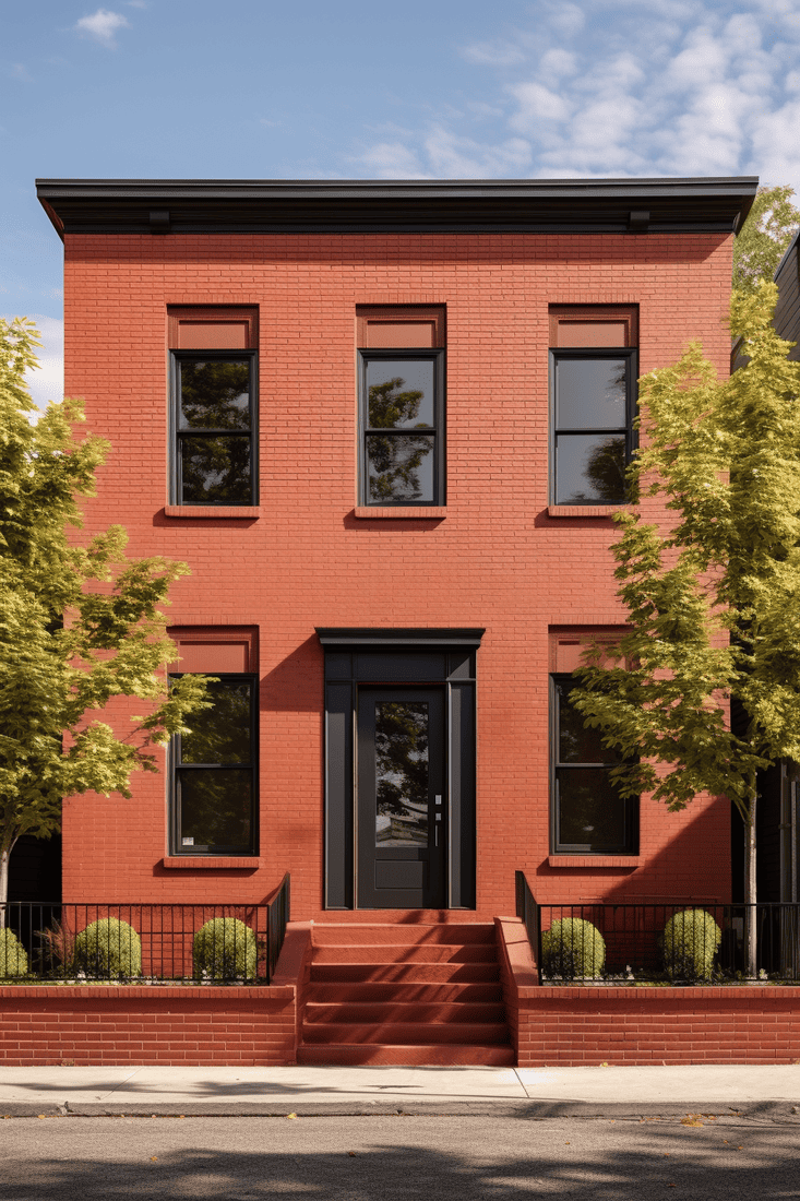 Red brick house with black trims and windows