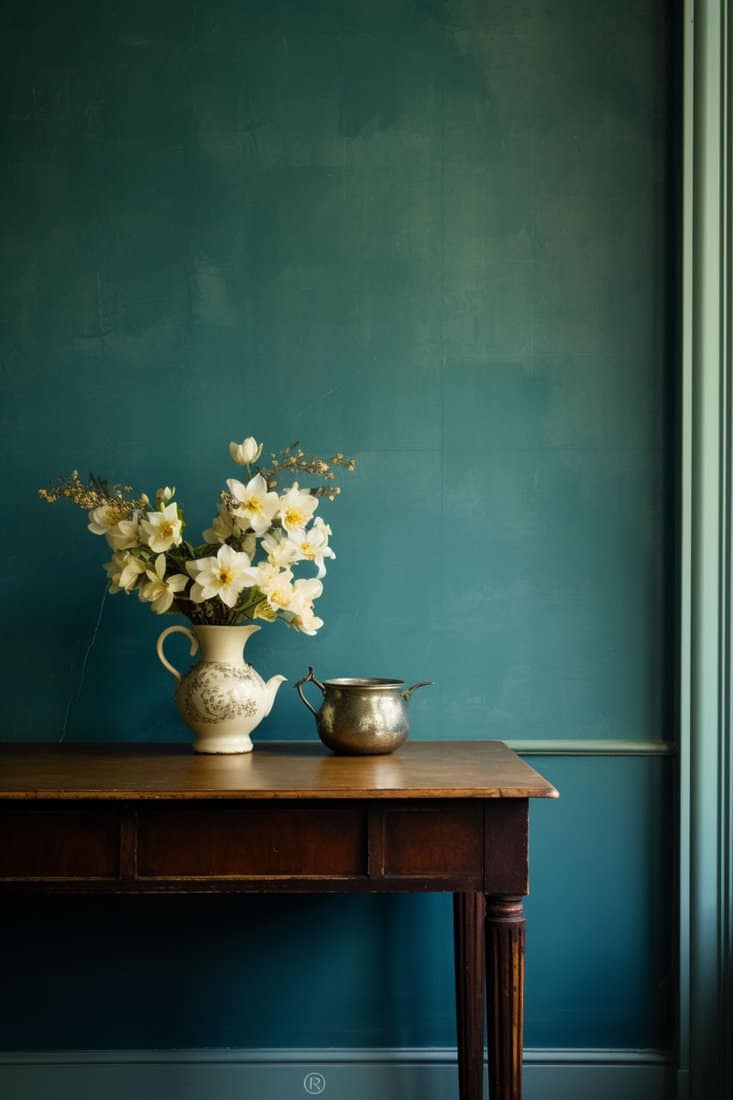 Blue-green colored wall, complementing antique white trim or cabinets